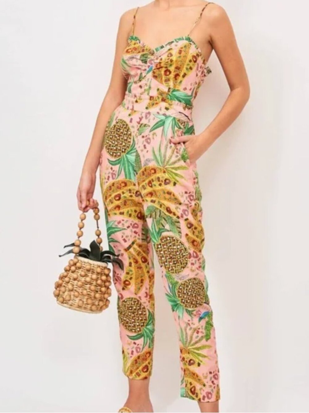 Farm Rio Women Pink Mixed Fruits Jumpsuit L